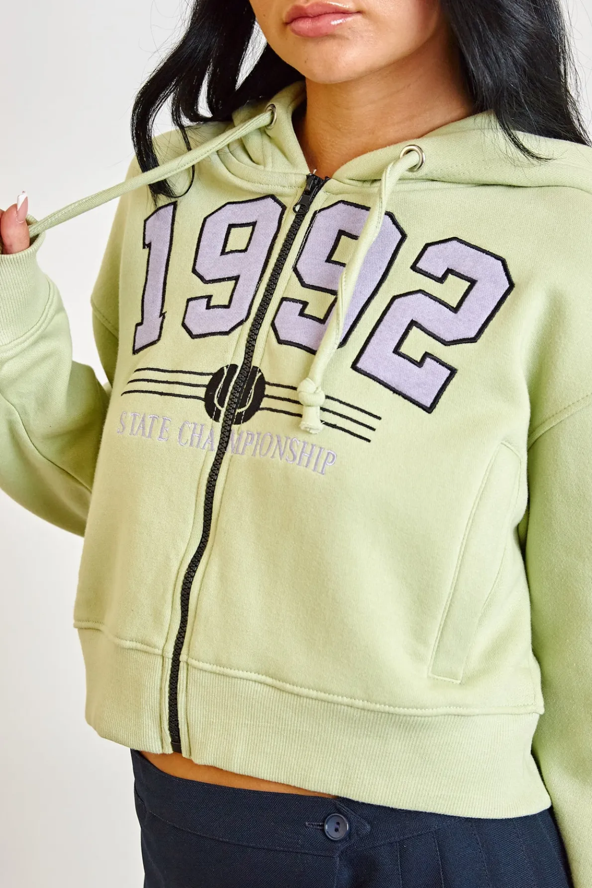 Daisy Street 1992 Applique Zip Front Hoodie-Women Tops