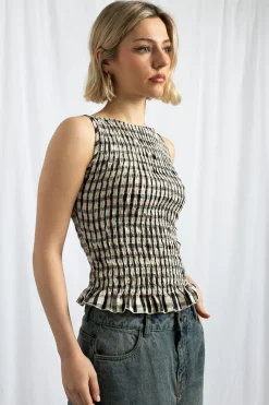 Daisy Street Boat Neck Top With All Over Shirring And Frill Hem-Women Tops