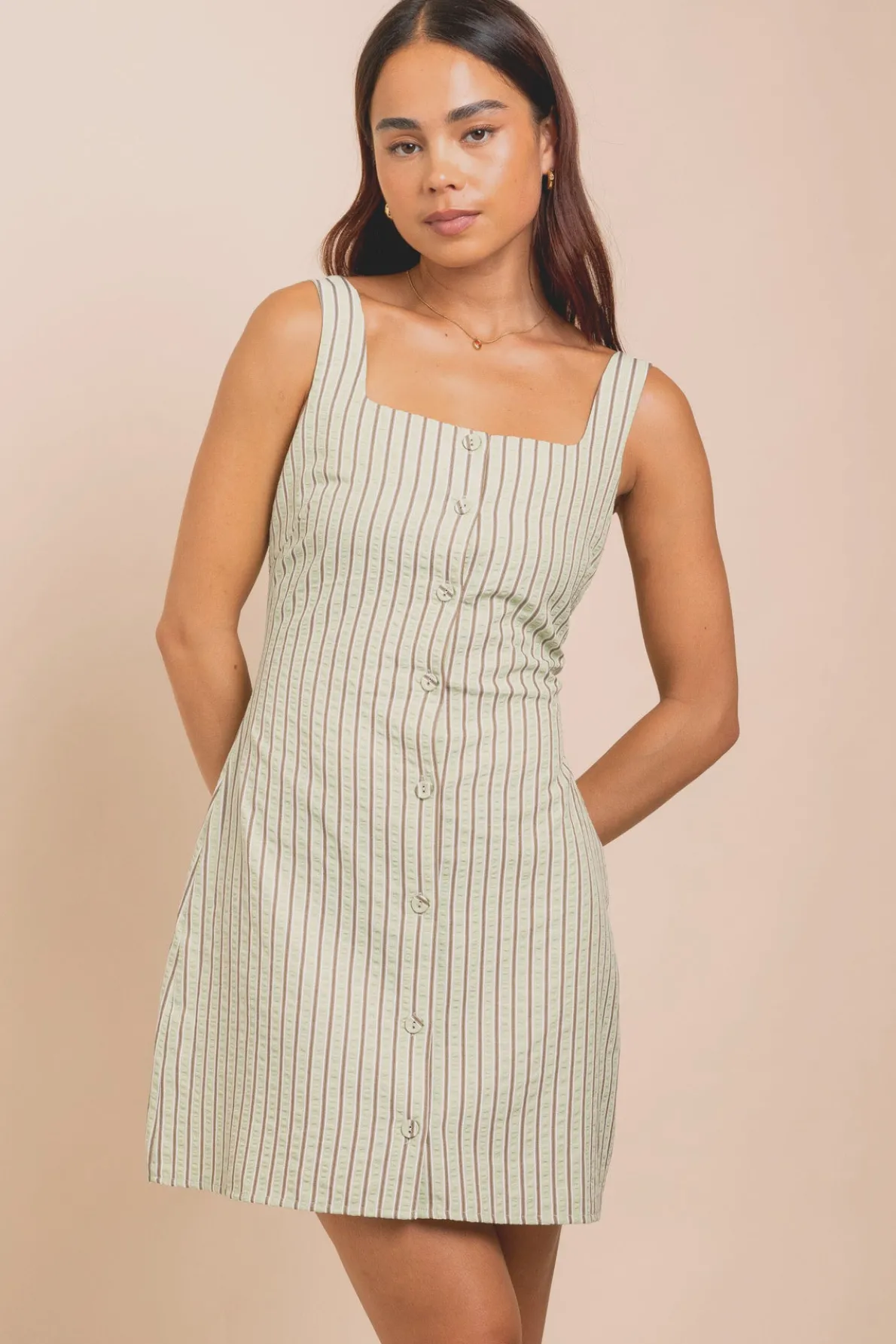 Daisy Street Button Front Square Neck Mini Dress-Women Dresses