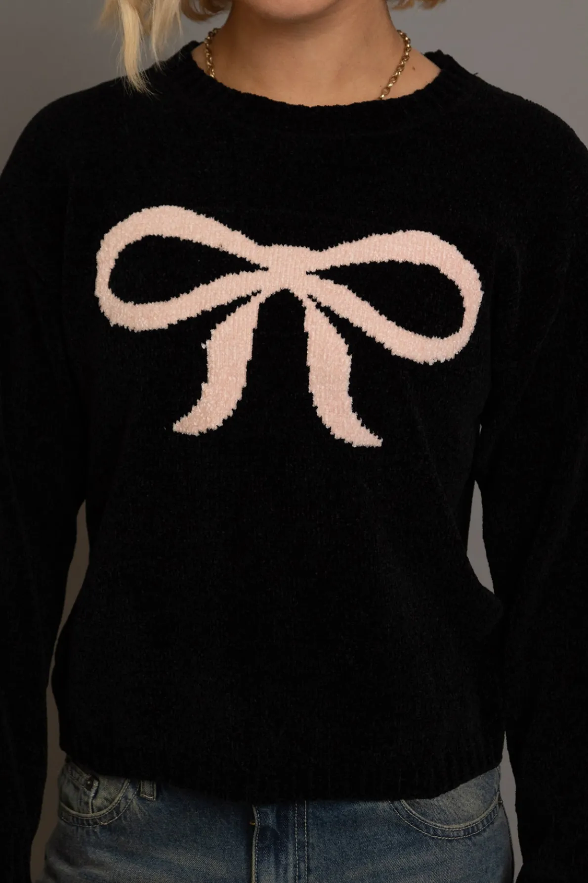 Daisy Street Chenille Bow Motif Sweater-Women Tops