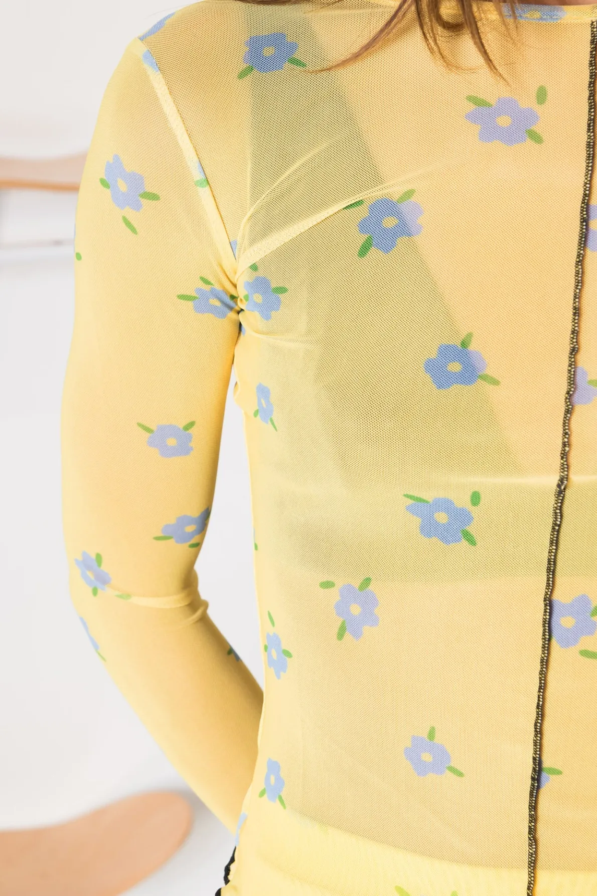 Daisy Street Contrast Seam Mesh Top Print-Women Tops