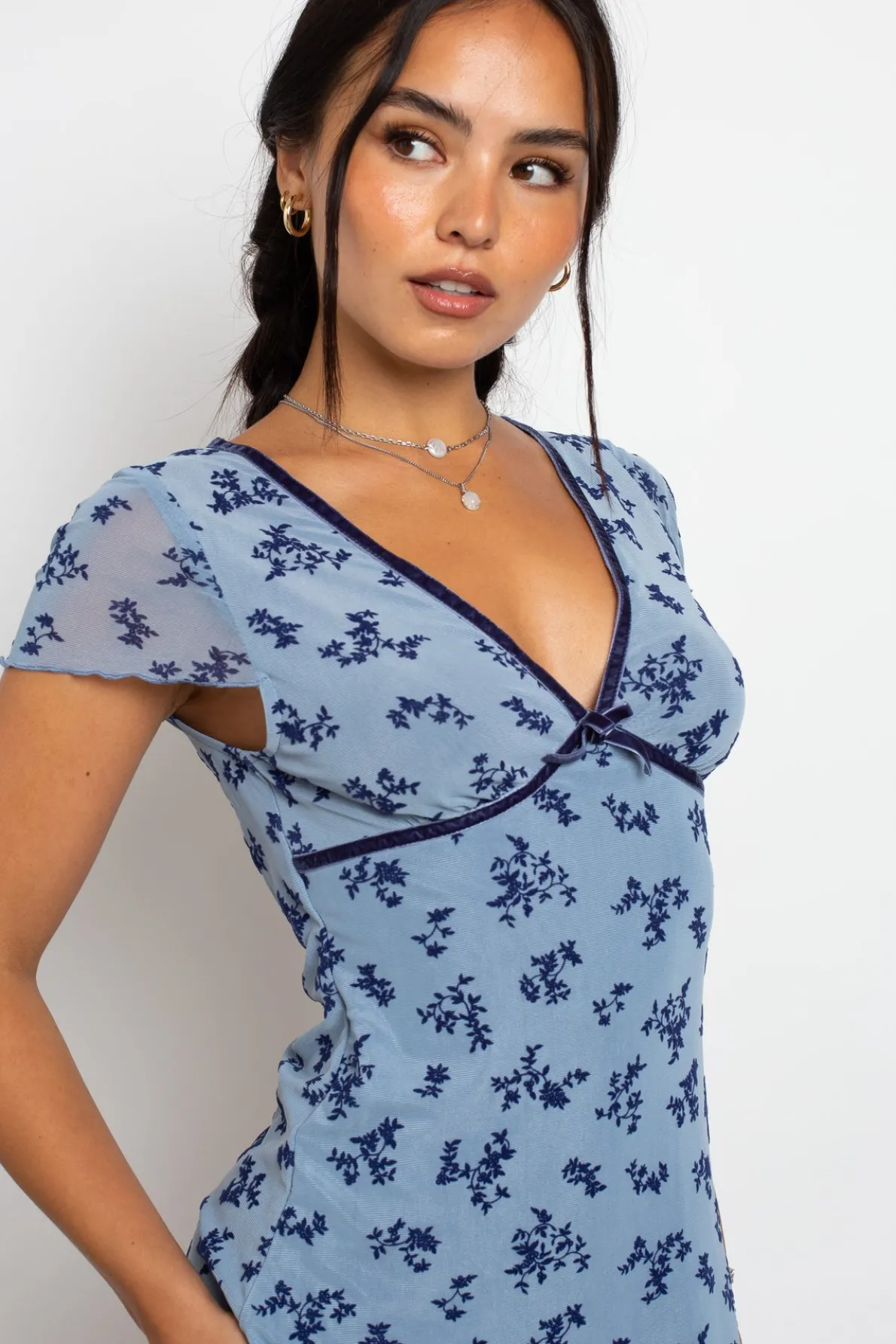 Daisy Street Devore Mesh Mini Dress With Velvet Ribbon Trim-Women Dresses