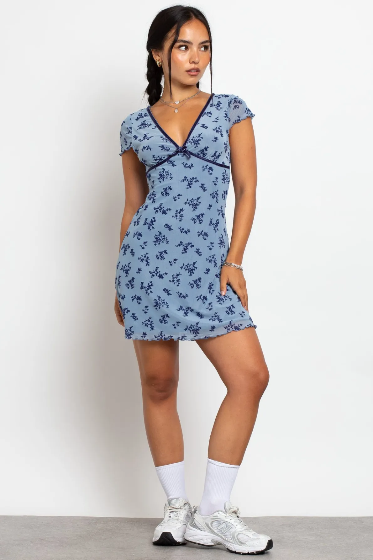Daisy Street Devore Mesh Mini Dress With Velvet Ribbon Trim-Women Dresses