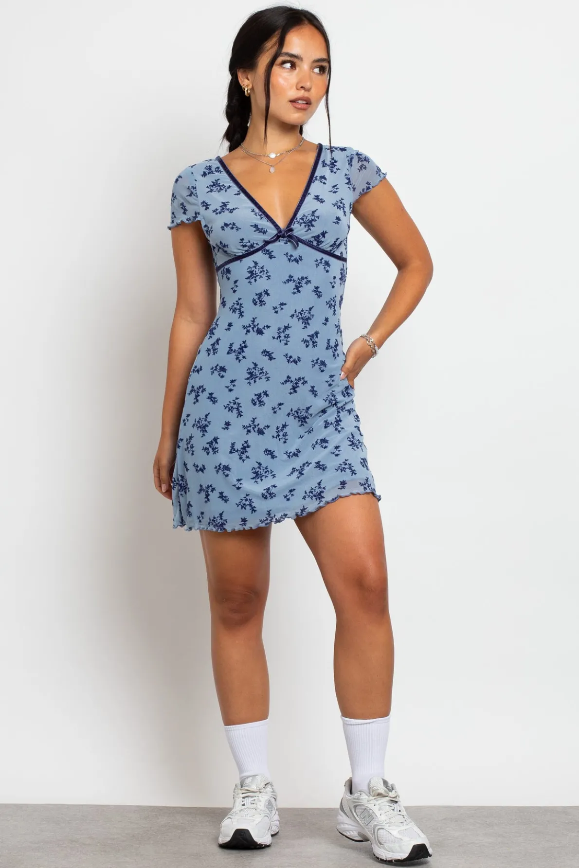 Daisy Street Devore Mesh Mini Dress With Velvet Ribbon Trim-Women Dresses
