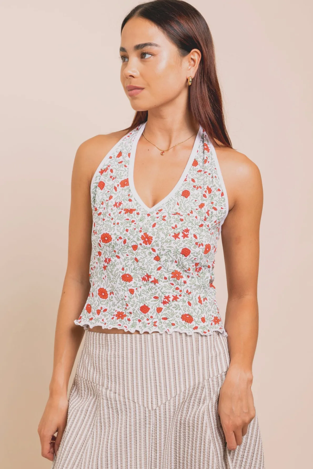 Daisy Street Ditsy Jersey Halter Neck Top-Women Tops