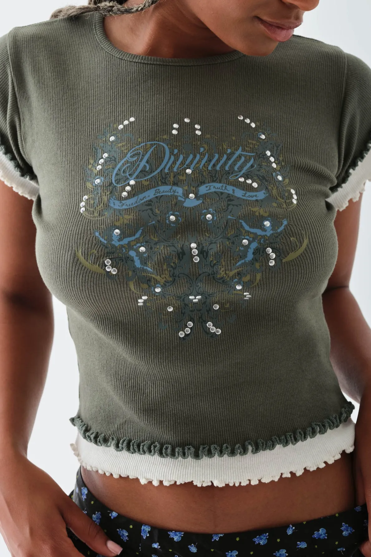 Daisy Street Double Layer Effect Baby Tee-Women T-Shirts