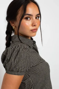 Daisy Street Fitted Check Shirt With Puff Sleeve-Women Tops