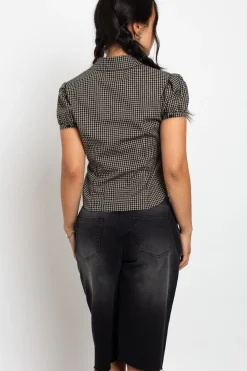 Daisy Street Fitted Check Shirt With Puff Sleeve-Women Tops