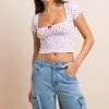 Daisy Street Floral Ruched Baby Tee-Women Tops