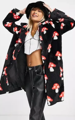 Daisy Street Fur Coat in Mushroom Print-Women Jackets