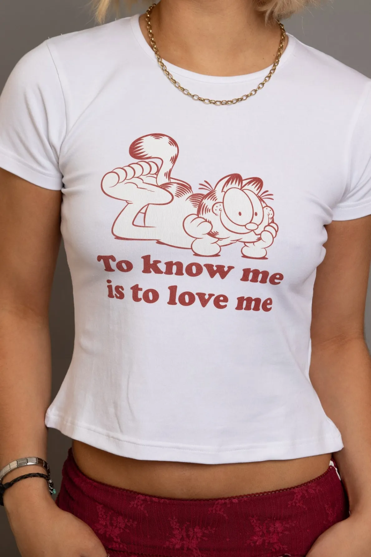 Daisy Street Garfield To Know Me Is To Love Me Baby Tee-Women Tops | T-Shirts