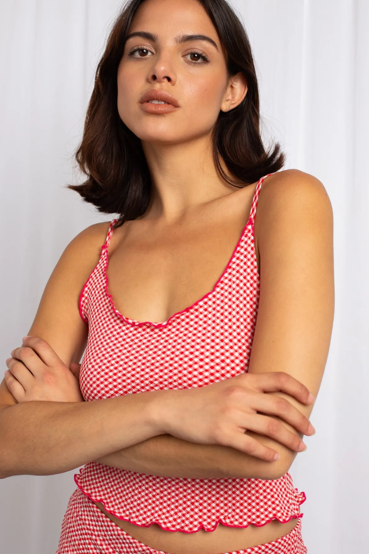 Daisy Street Gingham Babylock Edge Cami Top-Women Tops