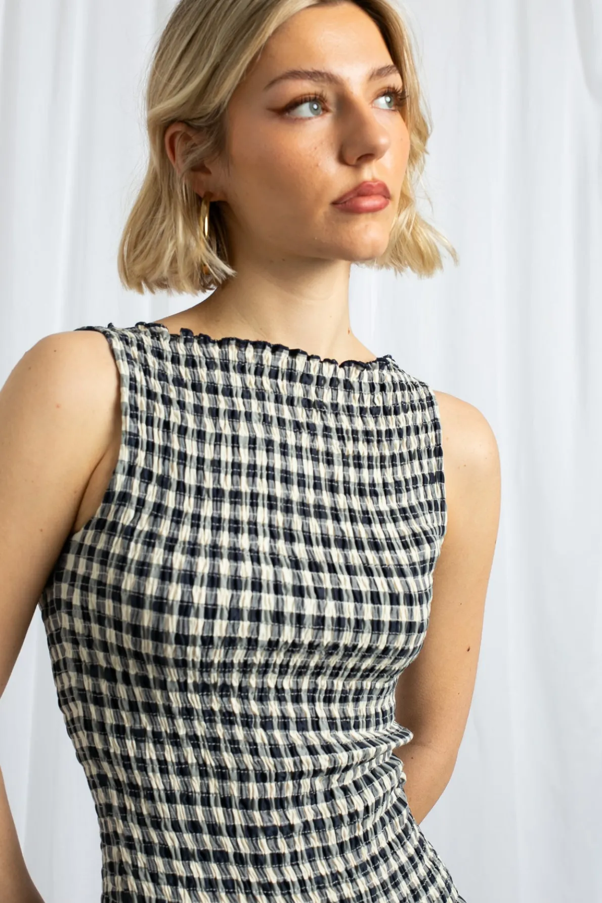 Daisy Street Gingham Boat Neck Mini Dress-Women Dresses