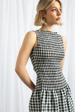 Daisy Street Gingham Boat Neck Mini Dress-Women Dresses