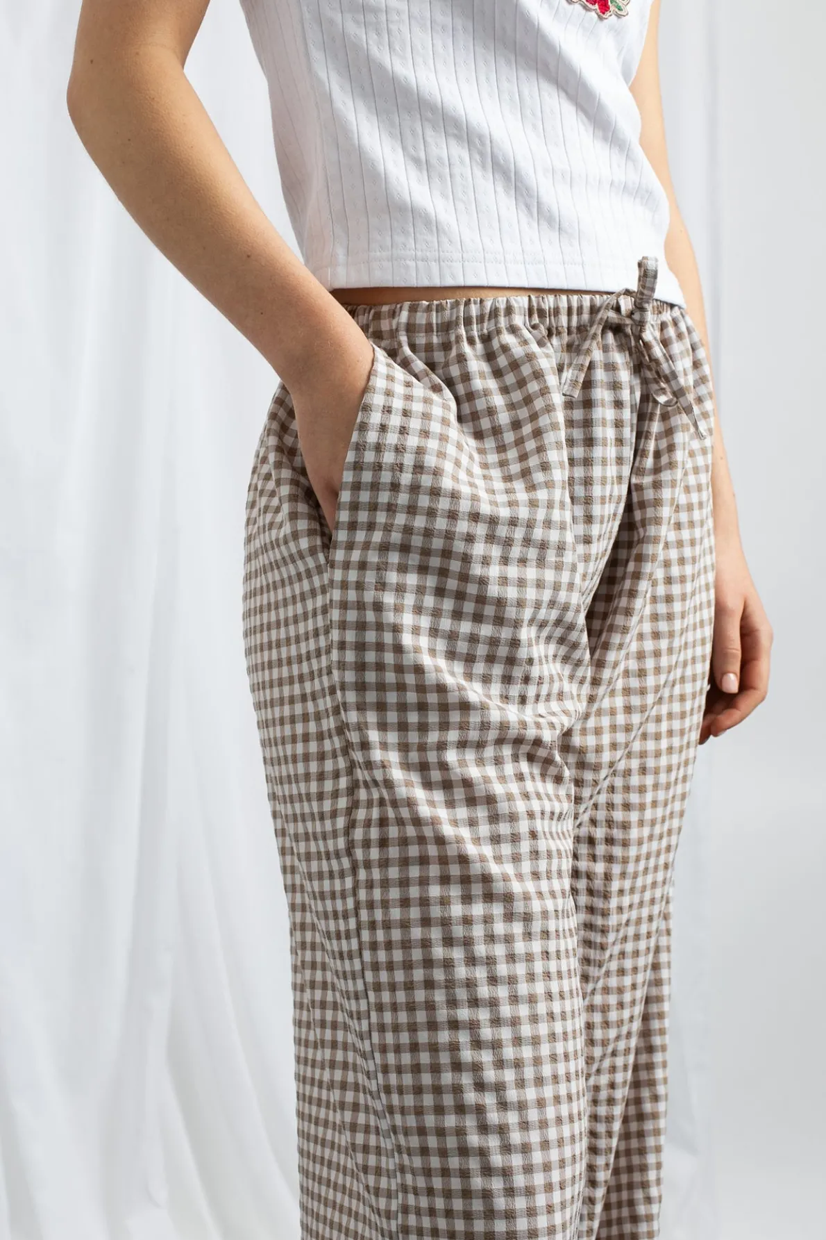 Daisy Street Gingham Drawstring Wide Leg Trousers-Women Trousers
