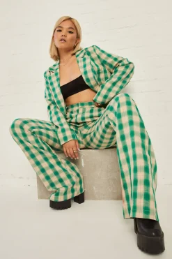 Daisy Street High Waisted Flared Trousers in Check Print-Women Trousers