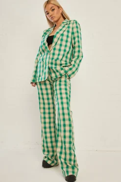 Daisy Street High Waisted Flared Trousers in Check Print-Women Trousers