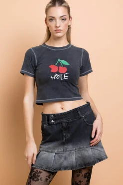 Daisy Street Hole Cherry Washed Baby Tee With Contrast Stitch-Women Tops | T-Shirts