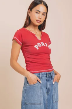 Daisy Street Jersey Notched Top With Porto Print-Women Tops