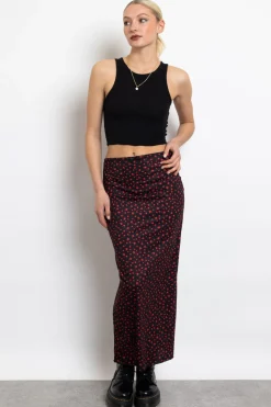 Daisy Street Knitted Midi Skirt in Ditsy Red Floral-Women Skirts