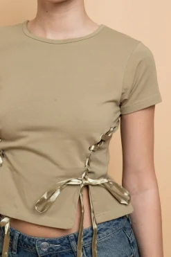 Daisy Street Lace Up Detail Baby Tee-Women Tops | T-Shirts