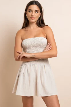 Daisy Street Linen Bandeau Shirred Mini Dress-Women Dresses