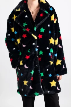 Daisy Street Longline Fur Coat in Star and Moon Print-Women Jackets