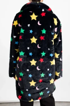 Daisy Street Longline Fur Coat in Star and Moon Print-Women Jackets