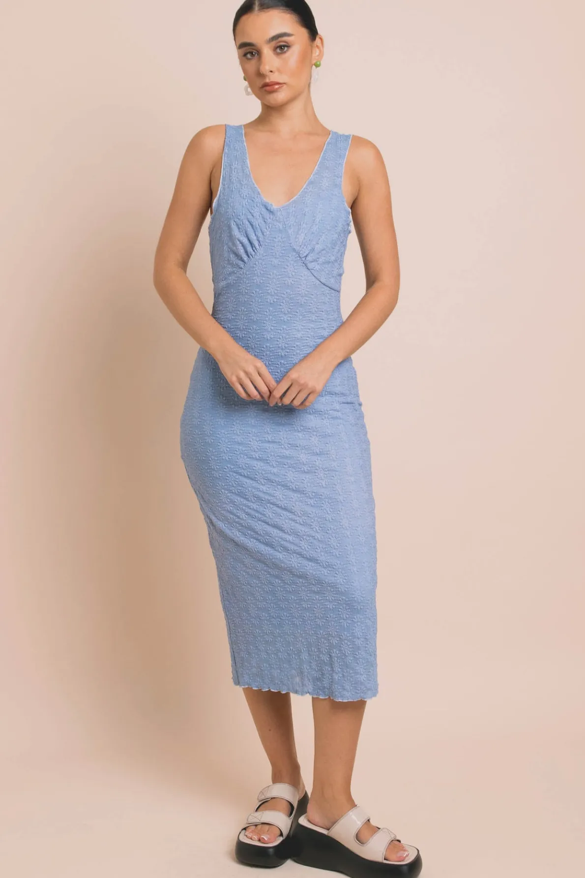 Daisy Street Mesh Midi Dress With Elastic Detail-Women Dresses
