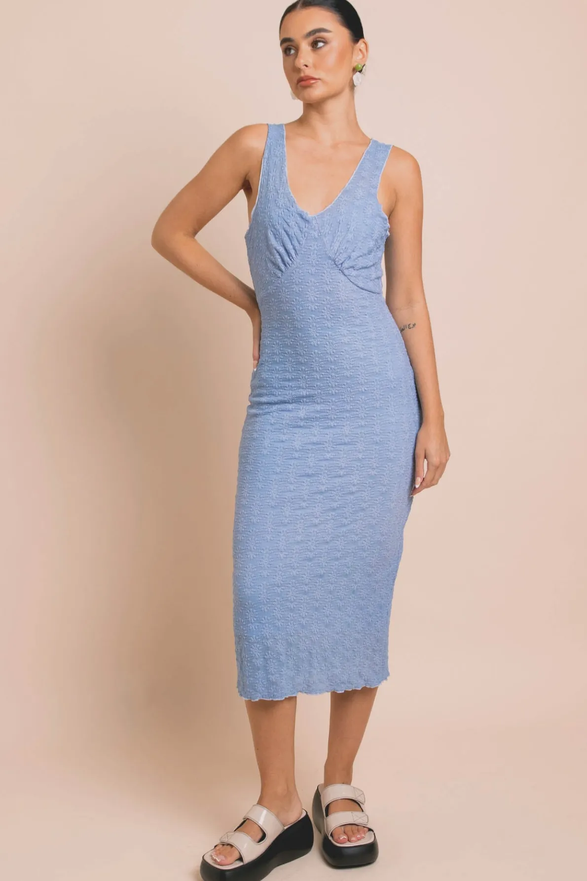 Daisy Street Mesh Midi Dress With Elastic Detail-Women Dresses