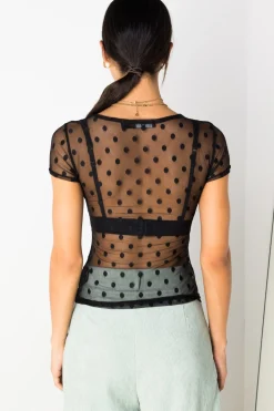 Daisy Street Mesh Spot Top-Women Tops