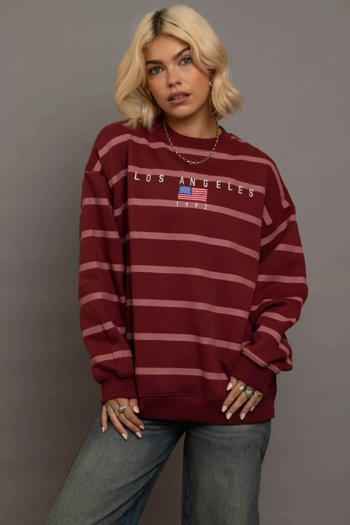 Daisy Street Stripe LA Embroidery Sweatshirt-Women Hoodies & Sweatshirts