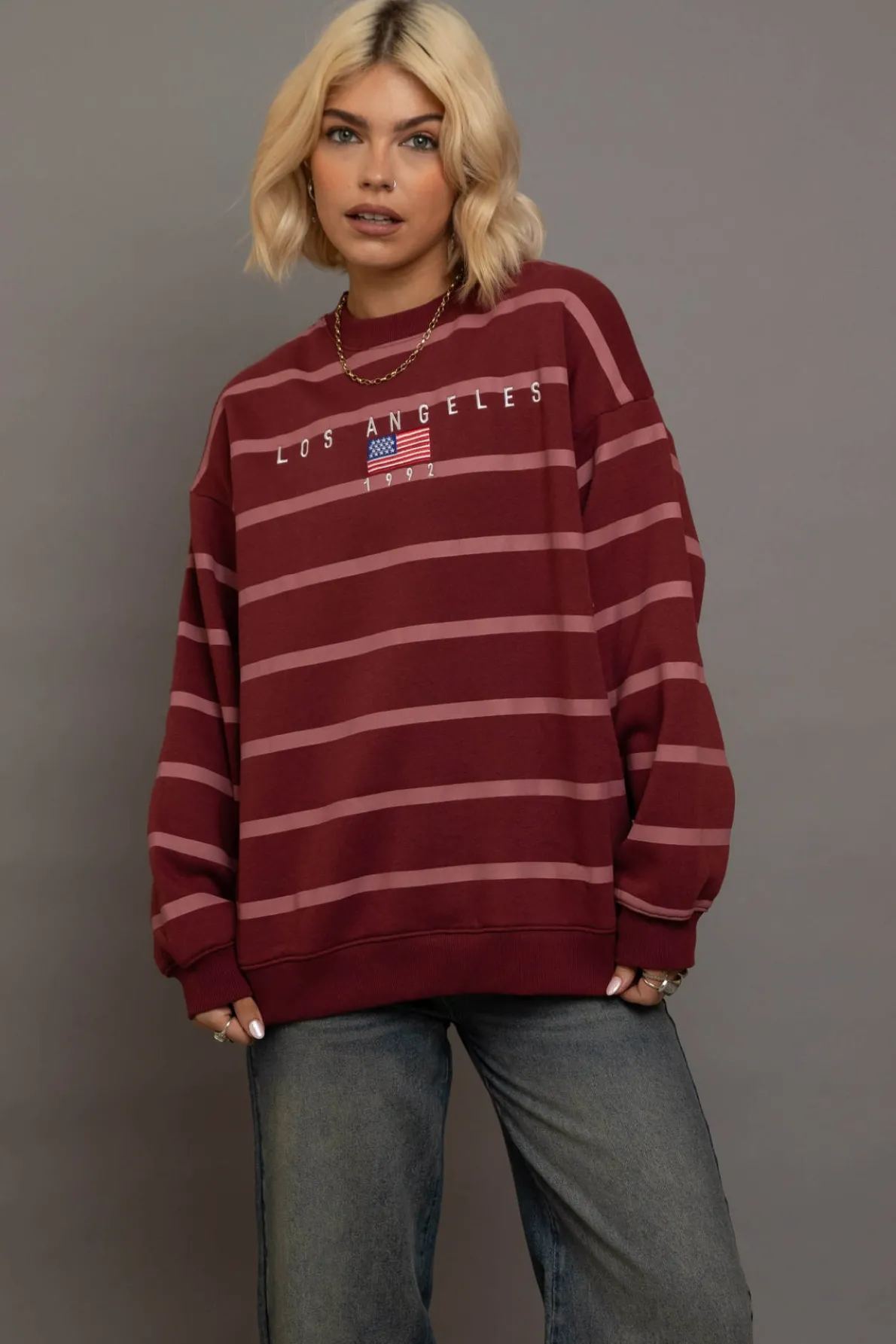 Daisy Street Stripe LA Embroidery Sweatshirt-Women Hoodies & Sweatshirts