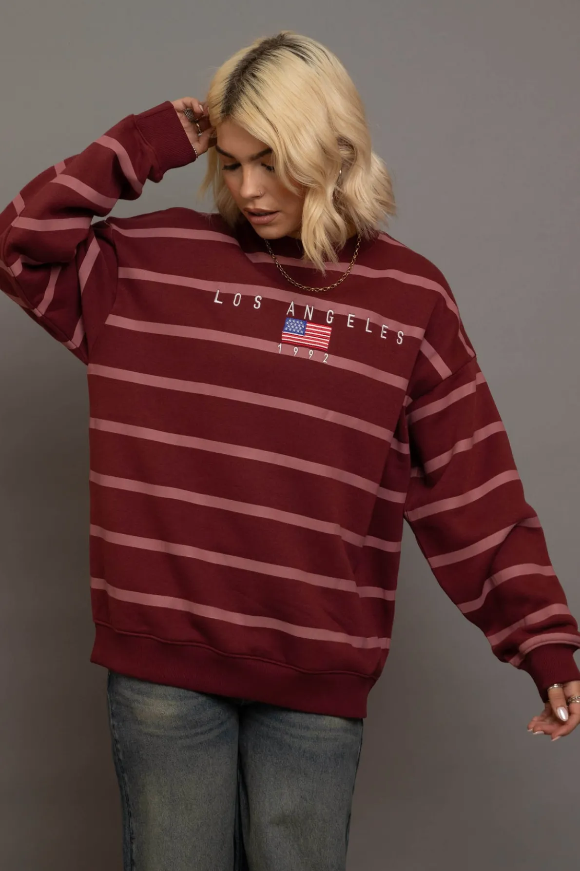 Daisy Street Stripe LA Embroidery Sweatshirt-Women Hoodies & Sweatshirts