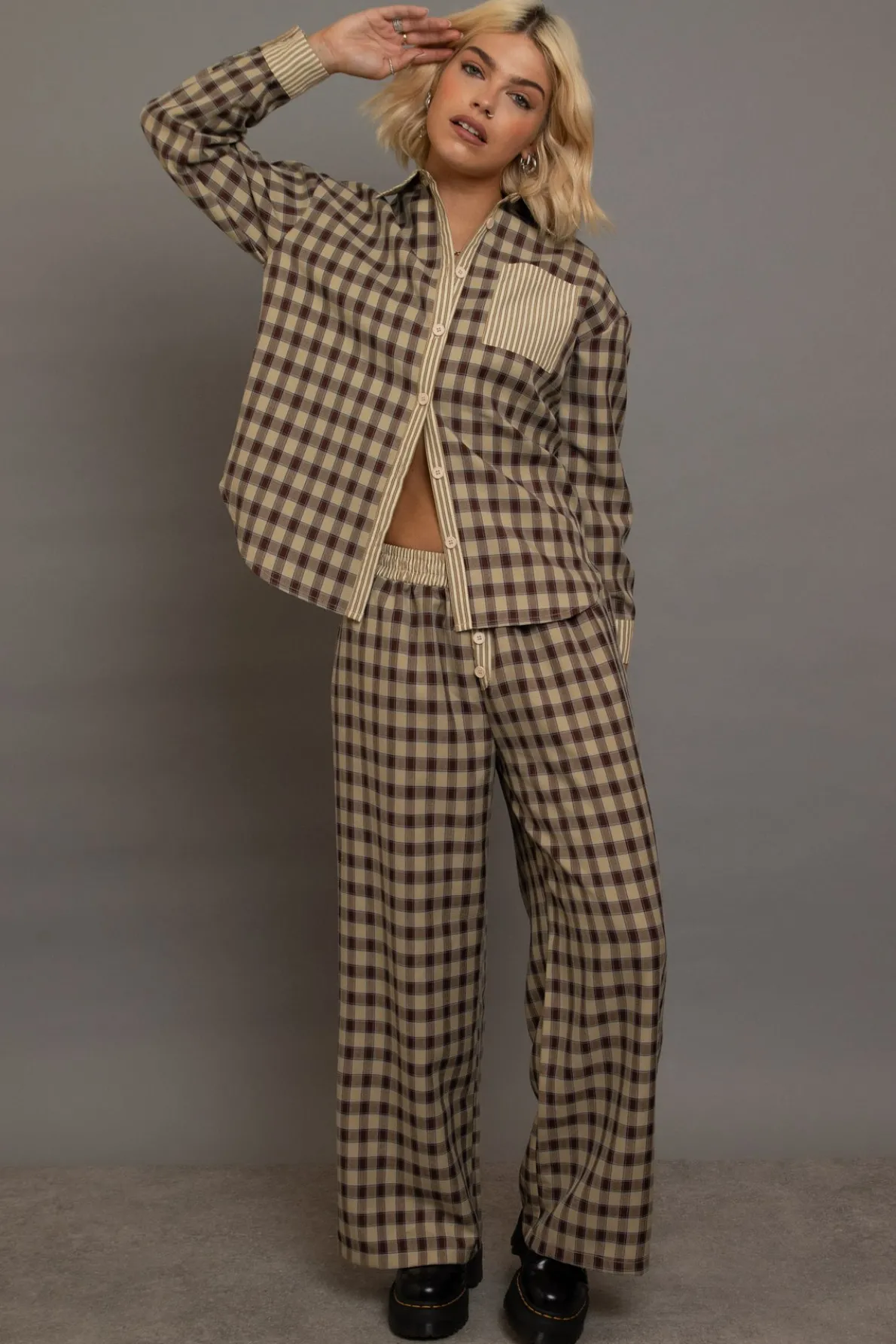 Daisy Street Oversized Check Shirt With Contrast Stripe Pockets-Women Tops