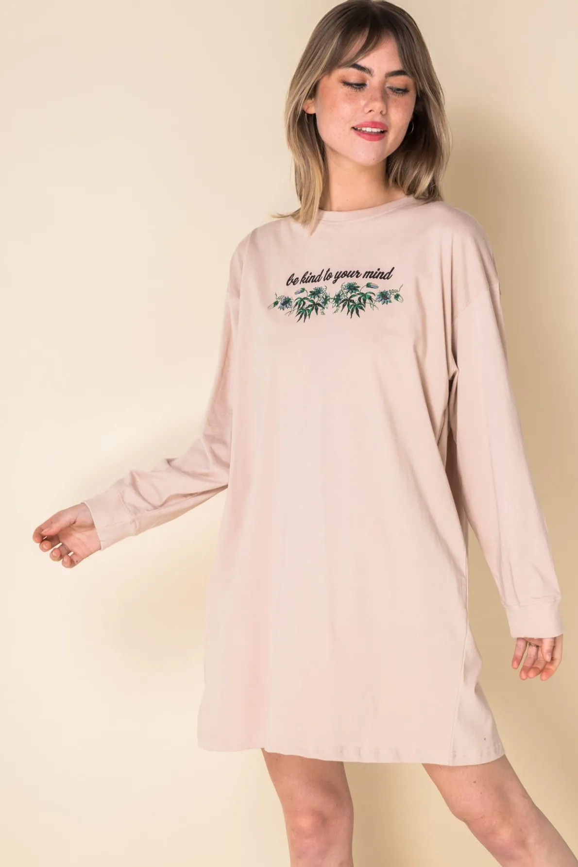 Daisy Street Oversized Long Sleeve T-Shirt Dress with Be Kind Print-Women Dresses