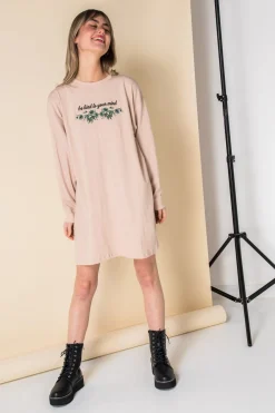 Daisy Street Oversized Long Sleeve T-Shirt Dress with Be Kind Print-Women Dresses