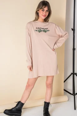 Daisy Street Oversized Long Sleeve T-Shirt Dress with Be Kind Print-Women Dresses