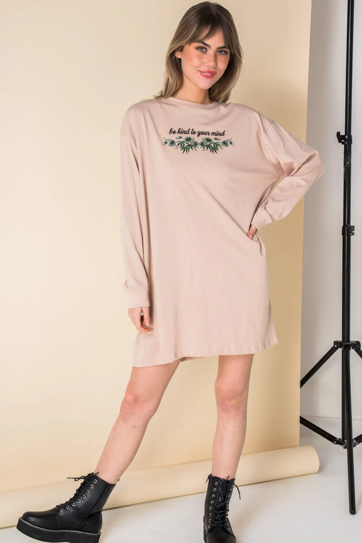 Daisy Street Oversized Long Sleeve T-Shirt Dress with Be Kind Print-Women Dresses