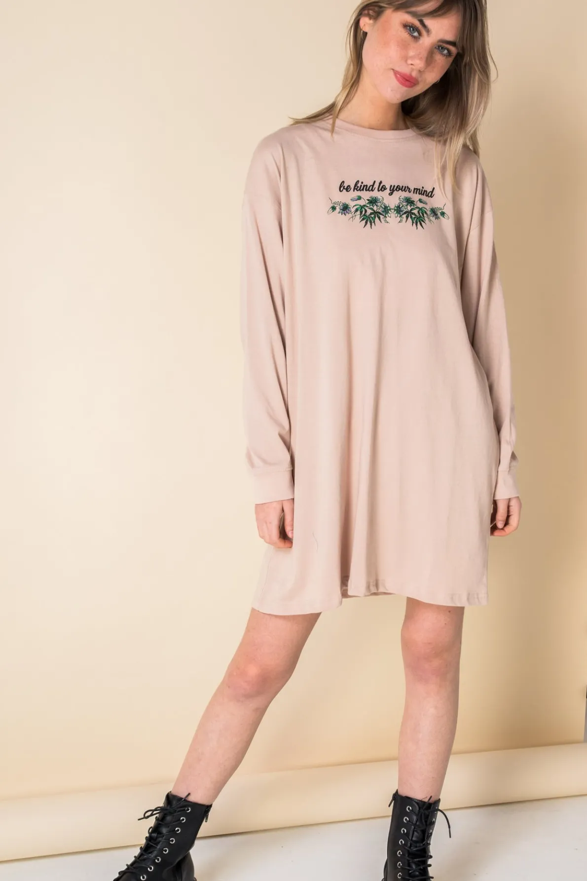 Daisy Street Oversized Long Sleeve T-Shirt Dress with Be Kind Print-Women Dresses