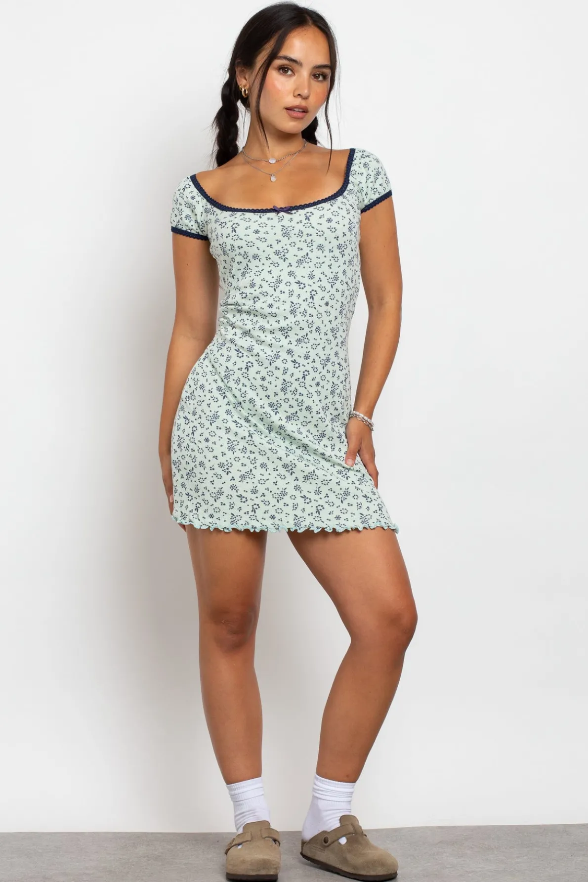 Daisy Street Pointelle Ditsy Milkmaid Mini Dress-Women Dresses