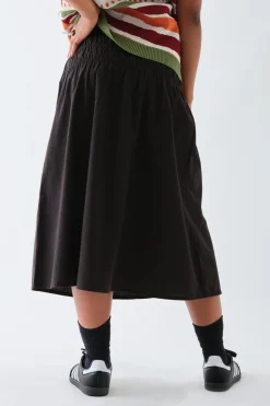 Daisy Street Poplin Mid Rise Skirt with Ruching Detail-Women Skirts