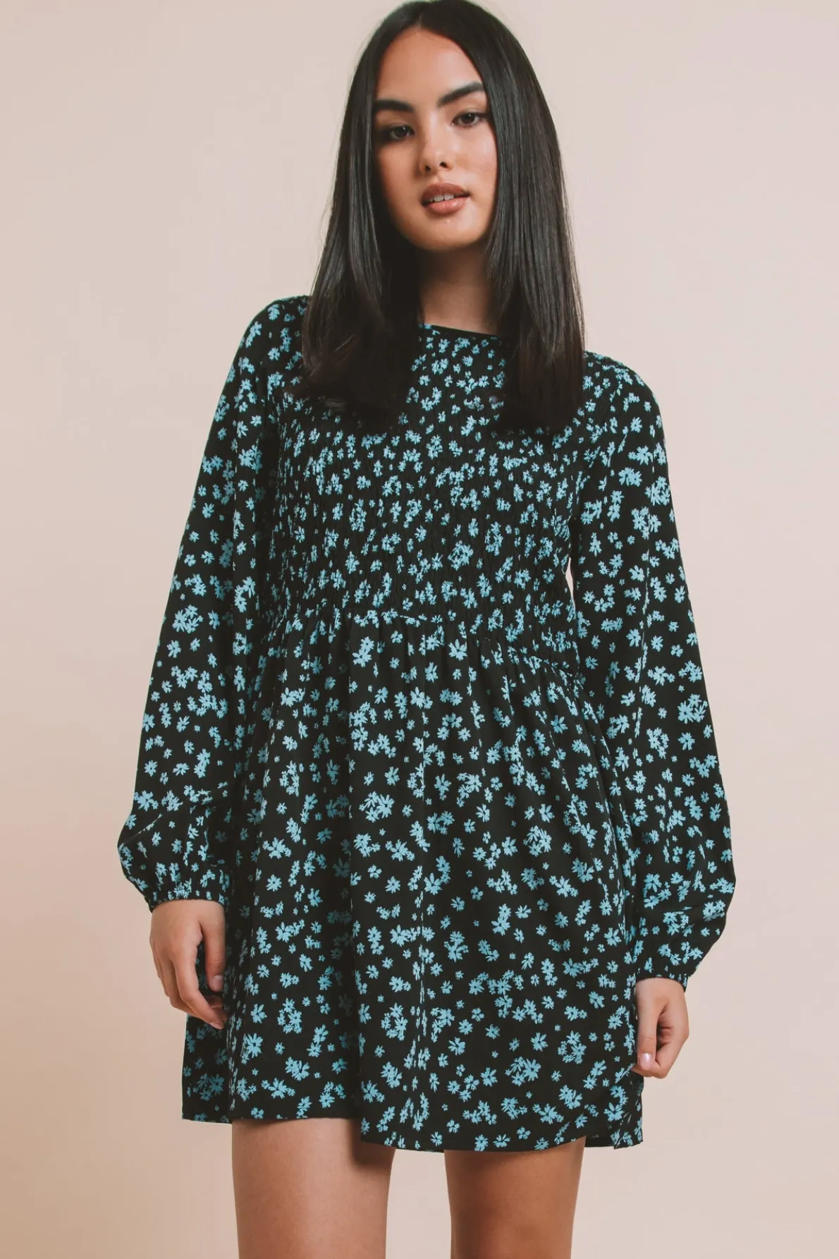 Daisy Street Printed Shirred Smock Dress-Women Dresses