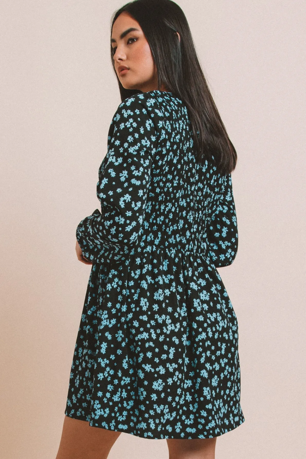 Daisy Street Printed Shirred Smock Dress-Women Dresses