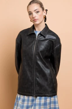 Daisy Street PU Boxy Jacket With Los Angeles Applique-Women Jackets