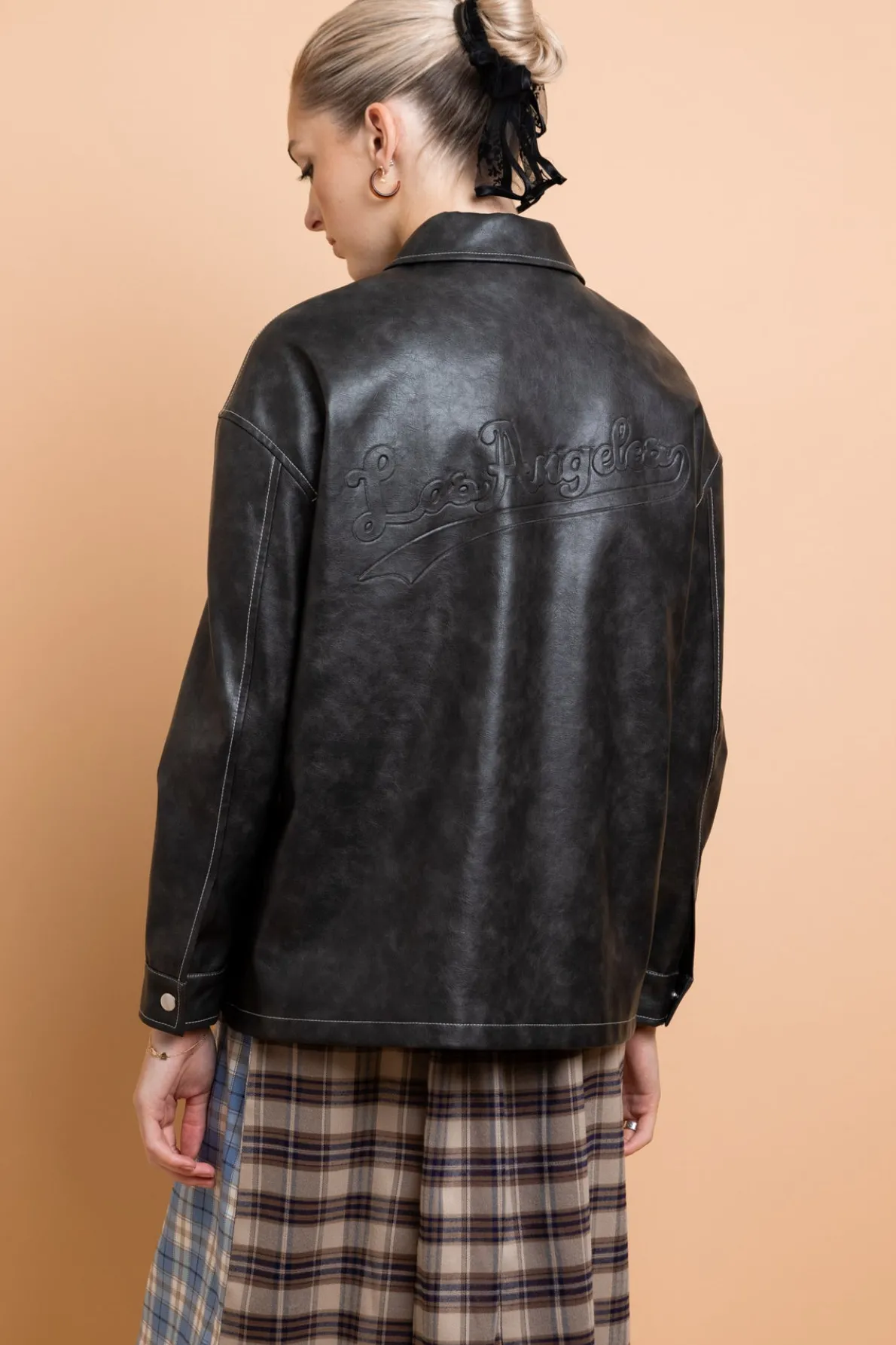 Daisy Street PU Boxy Jacket With Los Angeles Applique-Women Jackets