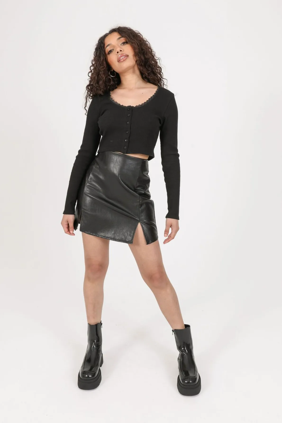 Daisy Street PU High Waisted Mini Skirt-Women Skirts