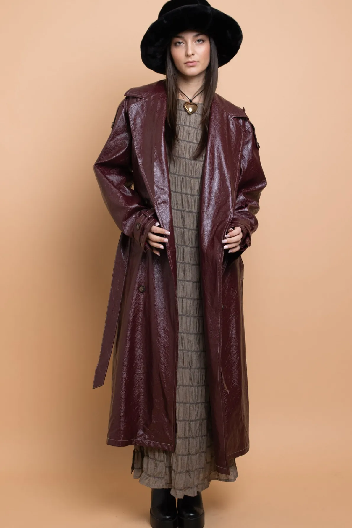 Daisy Street PU Trench Coat With Shoulder Detail-Women Jackets