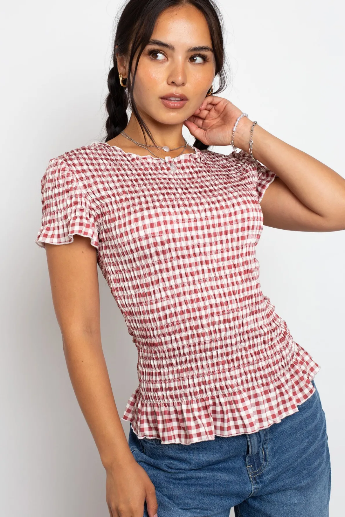 Daisy Street Gingham Shir Short Sleeve Top-Women Tops | T-Shirts