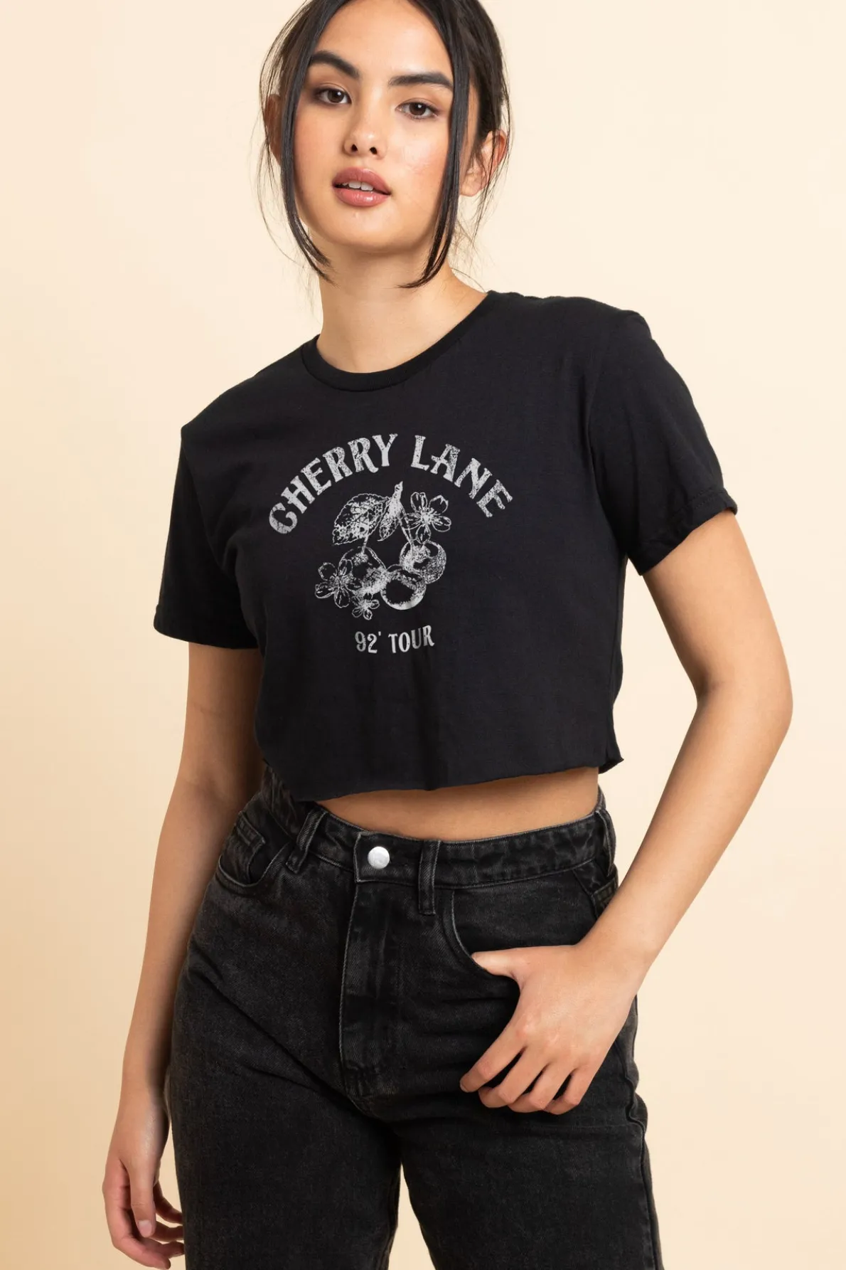 Daisy Street Regular Fit Crop T-Shirt with Cherry Lane Print-Women T-Shirts
